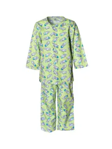 A Little Fable Girls Green & Blue Conversational Printed Pure Cotton Night suit