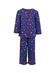 A Little Fable Girls Navy Blue & Red Printed Pure Cotton Night suit