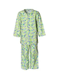 A Little Fable Girls Green & White Printed Pure Cotton Night suit