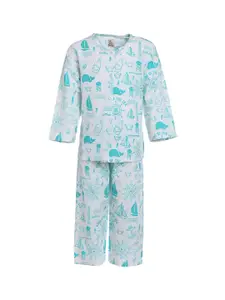 A Little Fable Girls White & Turquoise Blue Printed Pure Cotton Night suit