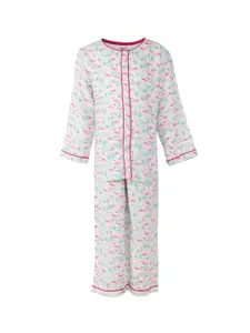 A Little Fable Girls White & Pink Printed Pure Cotton Night suit