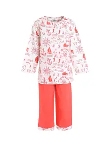 A Little Fable Girls Red & White Printed Pure Cotton Night suit