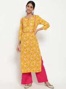 antaran Women Yellow Floral Printed Thread Work Cotton Kurta