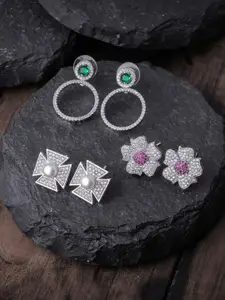 Brandsoon Silver-Toned & Pink Set Of 3 Floral Studs Earrings