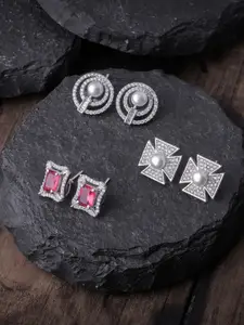 Brandsoon Pack Of 3 Silver Toned & Pink Silver Plated Contemporary Studs Earrings