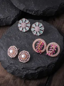 Brandsoon Pack Of 3 Gold Toned & Pink Gold Plated Contemporary Studs Earrings