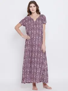 The Kaftan Company Purple Printed Maxi Pure Cotton Nightdress