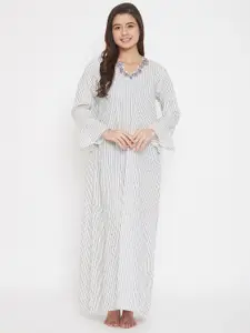 The Kaftan Company White Striped Maxi Pure Cotton Nightdress