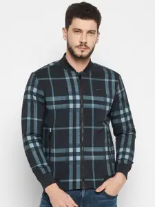 Camey Men Navy Blue Checked Lightweight Bomber Jacket