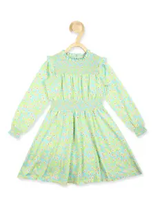 Peter England Girls Green & Red Floral Printed Pure Cotton Dress