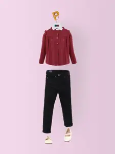 Peter England Girls Maroon Mandarin Collar Shirt Style Top