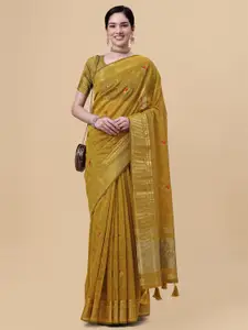 Mitera Mustard Yellow & Gold-Toned Ethnic Motifs Embroidered Pure Linen Saree