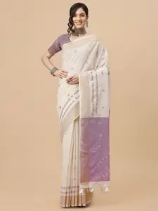 Mitera Off White & Purple Ethnic Motifs Embroidered Pure Linen Saree
