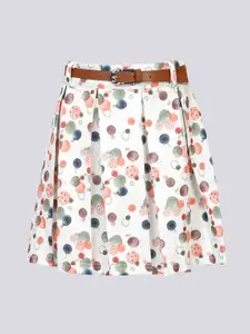 Hunny Bunny Girls White & Peach-Coloured Polka Dots Printed Pleated Skirt