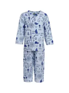 A Little Fable Girls Navy Blue & Blue Printed Pure Cotton Night suit
