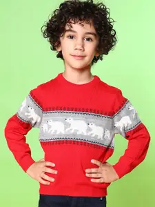 Nauti Nati Boys Red & Grey Self Design Acrylic Sweater