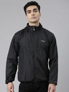 FILA Men Black Geometric Longline Tailored Jacket with Embroidered