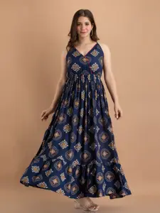 PURSHOTTAM WALA Women Blue Ethnic Motifs Maxi Maxi Dress
