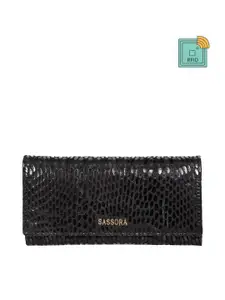 Sassora Women Black Abstract Textured Leather Envelope