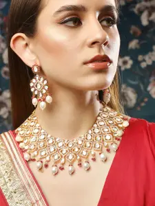 Rubans 22K Gold-Plated Polki & Zirconia Studded Ruby & Pearl Beaded Bridal Necklace Set