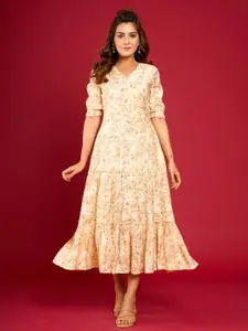 CRAFTED FOR YOU Women Peach Floral A-Line Midi Dress