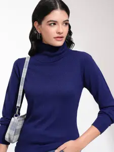 Tokyo Talkies Women Navy Blue Turtle Neck Acrylic Pullover Sweater