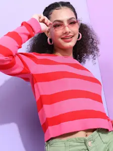 Tokyo Talkies Women Pink & Red Striped Acrylic Pullover Sweater