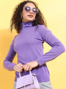Tokyo Talkies Women Purple Turtle Neck Acrylic Pullover Sweater