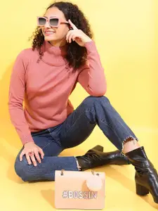 Tokyo Talkies Women Pink Turtle Neck Acrylic Pullover Sweater