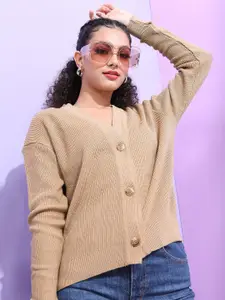 Tokyo Talkies Women Beige Acrylic Cardigan Sweater