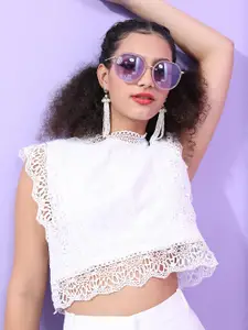 Tokyo Talkies Women White Self Design Lace Boxy Crop Top