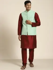 SOJANYA Men Woven Design Kurta with Churidar with Nehru Jacket