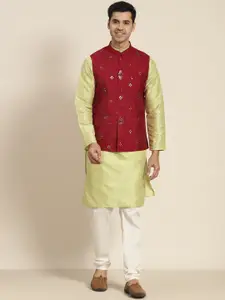SOJANYA Men Woven Design Kurta with Churidar with Nehru Jacket