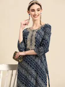 Sangria Women Blue Bandhani Embroidered Thread Work Kurta