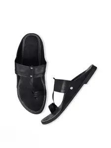 Aristitch Men Black Solid Leather Slip-On Flip Flops