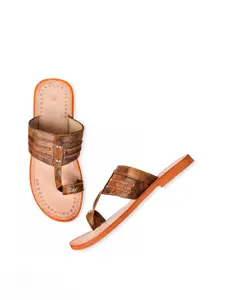 Aristitch Men Brown Self Design Leather Slip-On Flip Flops