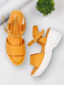 ZAPATOZ Girls Yellow & White PU Wedge Heels Sandals with Buckles