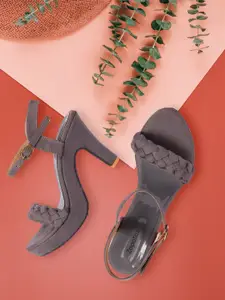 ZAPATOZ Girls Grey Suede Block Heels Sandals with Buckles