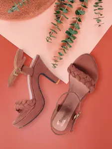 ZAPATOZ Girls Pink Suede Block Heels Sandals with Buckles