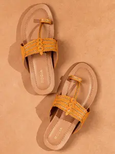 Rocia Women Mustard Textured Ethnic One Toe Flats