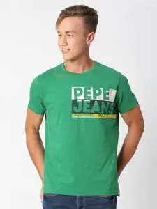 Pepe Jeans Men Green & White Brand Logo Printed Slim Fit T-shirt