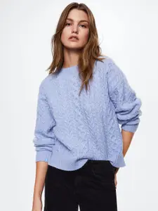 MANGO Women Blue Cable Knit Sustainable Pullover