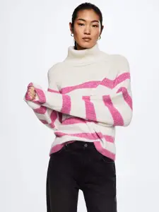 MANGO Women White & Fuchsia Striped Oversize Sustainable Pullover