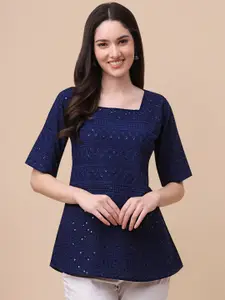 GUFRINA Navy Blue Embroidered Square Neck Top