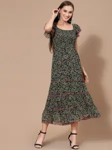 Strong And Brave Women Odoure Free Black & Green Floral Printed Midi Dress