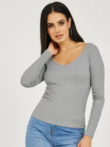 Styli V-Neck Ribbed Fitted Knit Top