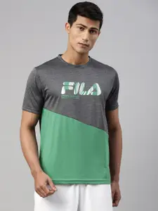 FILA Men Grey & Green Typography Colourblocked Organic Cotton T-shirt