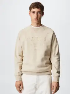 MANGO MAN Beige Embroidered Sustainable Sweatshirt