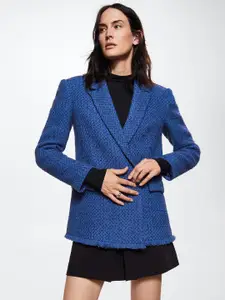 MANGO Women Blue Textured Double-Breasted Sustainable Blazer
