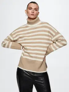 MANGO Women Beige & Off-White Striped Sustainable Pullover